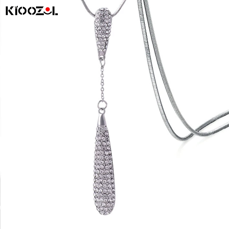

KIOOZOL Glamour Vintage Crystal Pendant Rose Silver Color Long Necklace For Women Wedding Party Fashion Jewelry 039 KO2