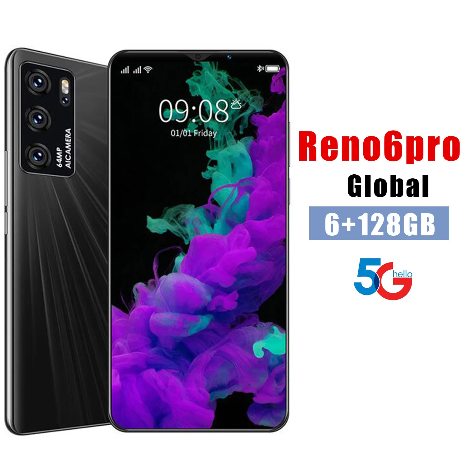 

Global Reno6 Pro 6.1 Inch Drop Screen 8+128G 24MP+48MP Smartphone 5G MTK6889 Deca Core 5000 MAH Dual SIM Face Fingerprint ID