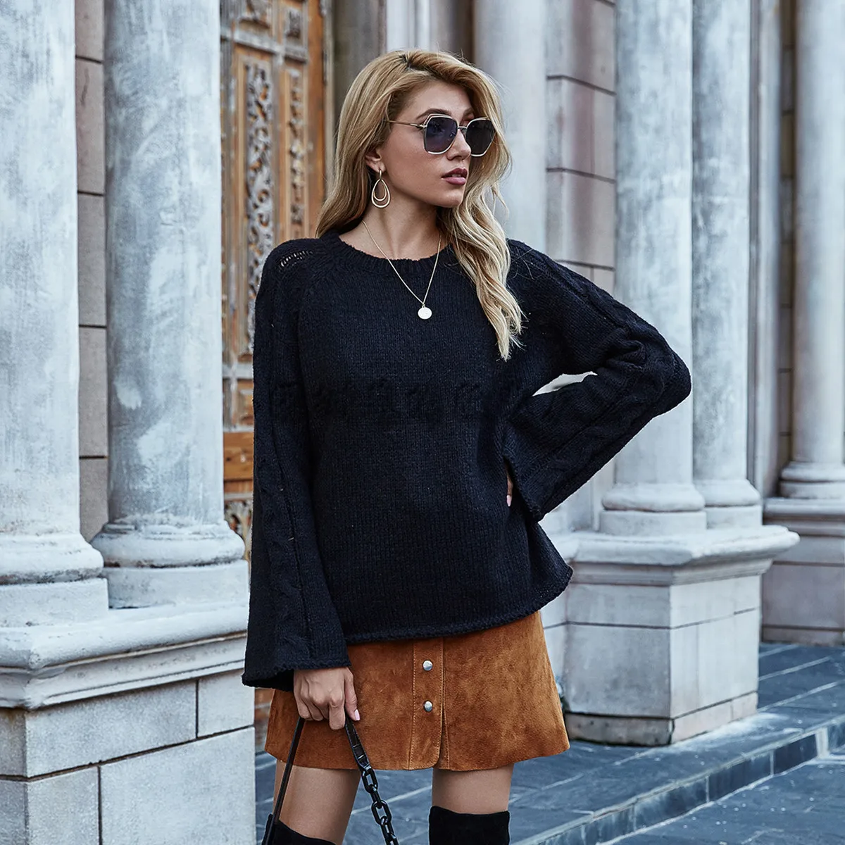 

Модные женские свитера с перекрестными длинными рукавами и круглым вырезом 2021, женская одежда, джемпер, черный Свободный вязаный пуловер, п...