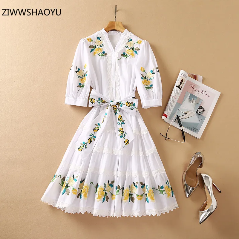 

ZIWWSHAOYU летнее модное женское Платье До Колена С О-образным вырезом рукавом до локтя с цветочной вышивкой бантом высокой талией тонкие трапец...