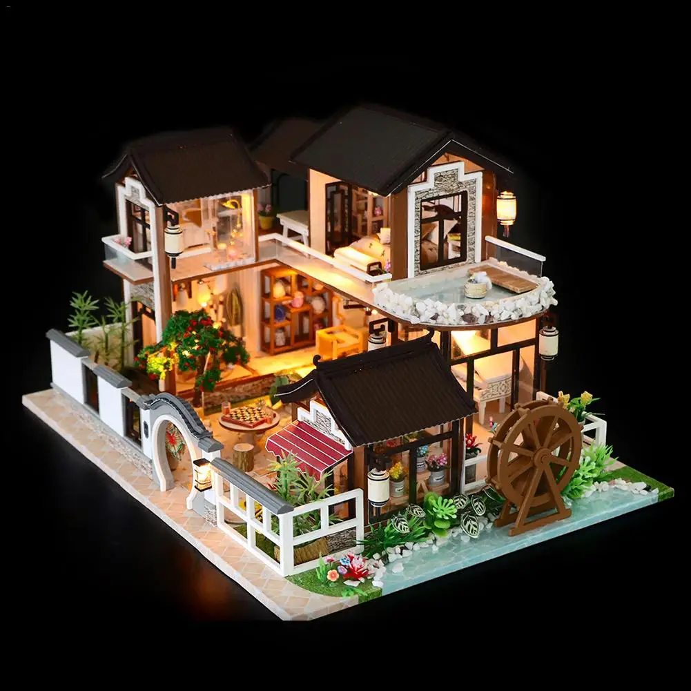 DIY Кукольный дом Китайская древняя архитектура со светодиодный светильник без
