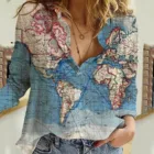 Женские блузки в стиле Харадзюку, рубашка с отложным воротником и пуговицами, Свободный Повседневный Топ с длинным рукавом и принтом карты мира, летняя одежда больших размеров, 2021