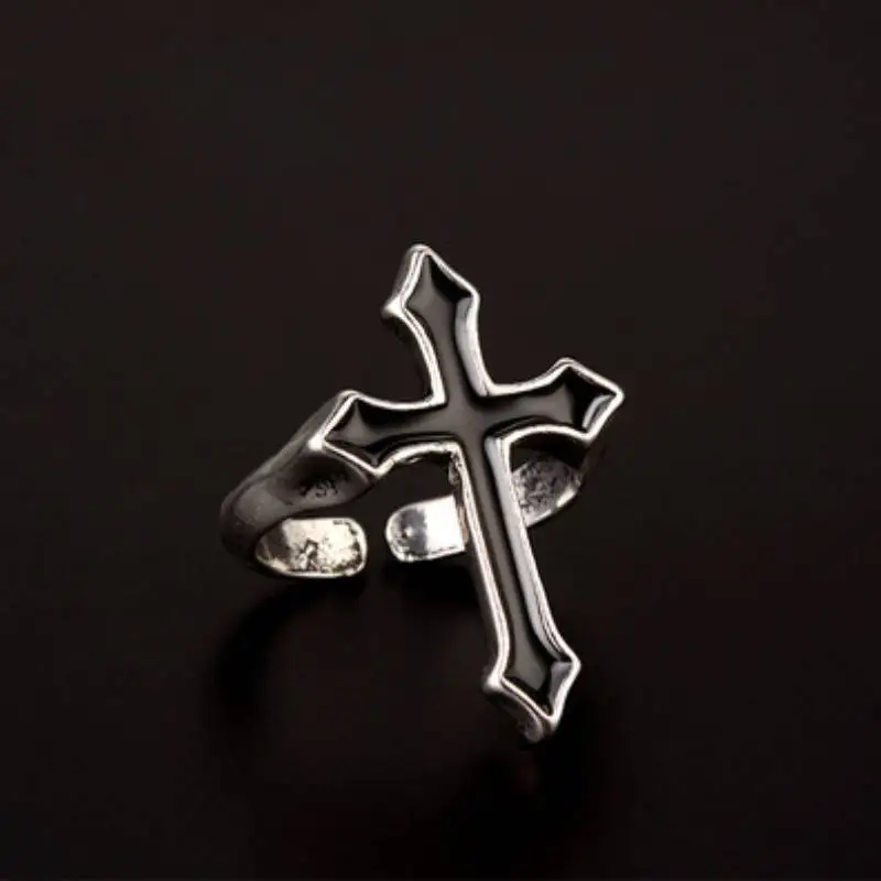

1Pcs Vintage Black Big Cross Adjustable Design Finger Ring For Women Party Jewelry Men Trendy Gothic Metal Silver Color Ring