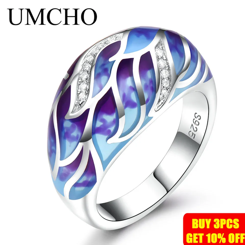 UMCHO, ручной работы, эмаль, серебряные кольца для женщин, 925 пробы, красочные, белые, CZ, завод, цветок, уникальное кольцо, женский подарок на вечеринку, ювелирные изделия
