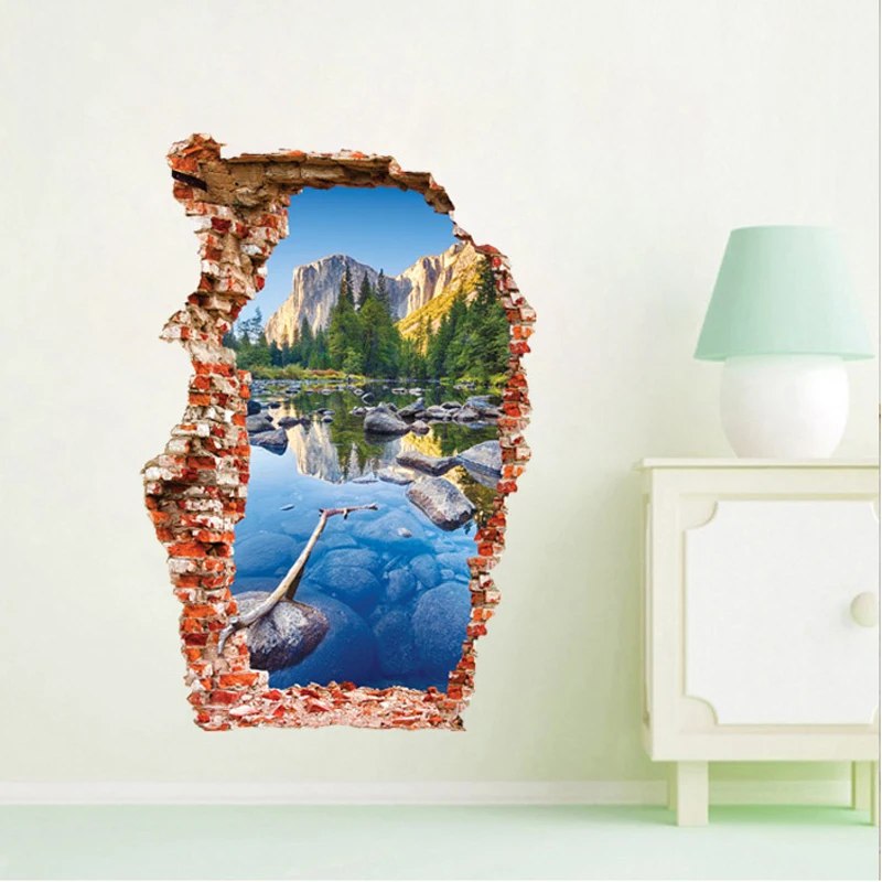 

Breaken-Colorful 3D Wall Sticker Home Decor Pond Living Room Background Mountain Landscape Broken Hole Door Sticker