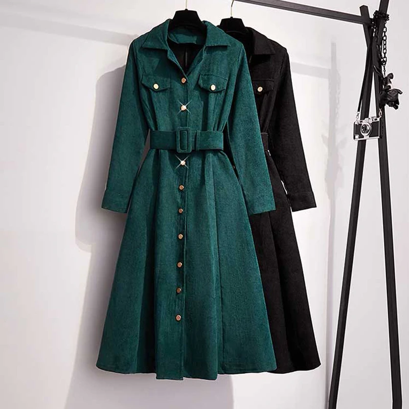 

Шикарное винтажное платье для женщин, новинка осень-зима, французское однобортное вельветовое платье средней длины со шнуровкой на талии и ...