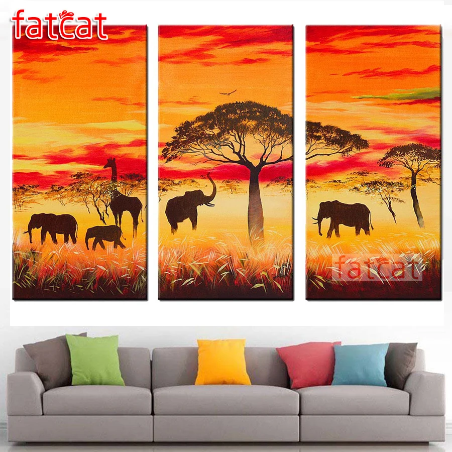 

FATCAT Abstract elephant landscape Large triptych 5D Diy Diamond Painting full mosaic diamond Embroidery Sale decoration AE2727