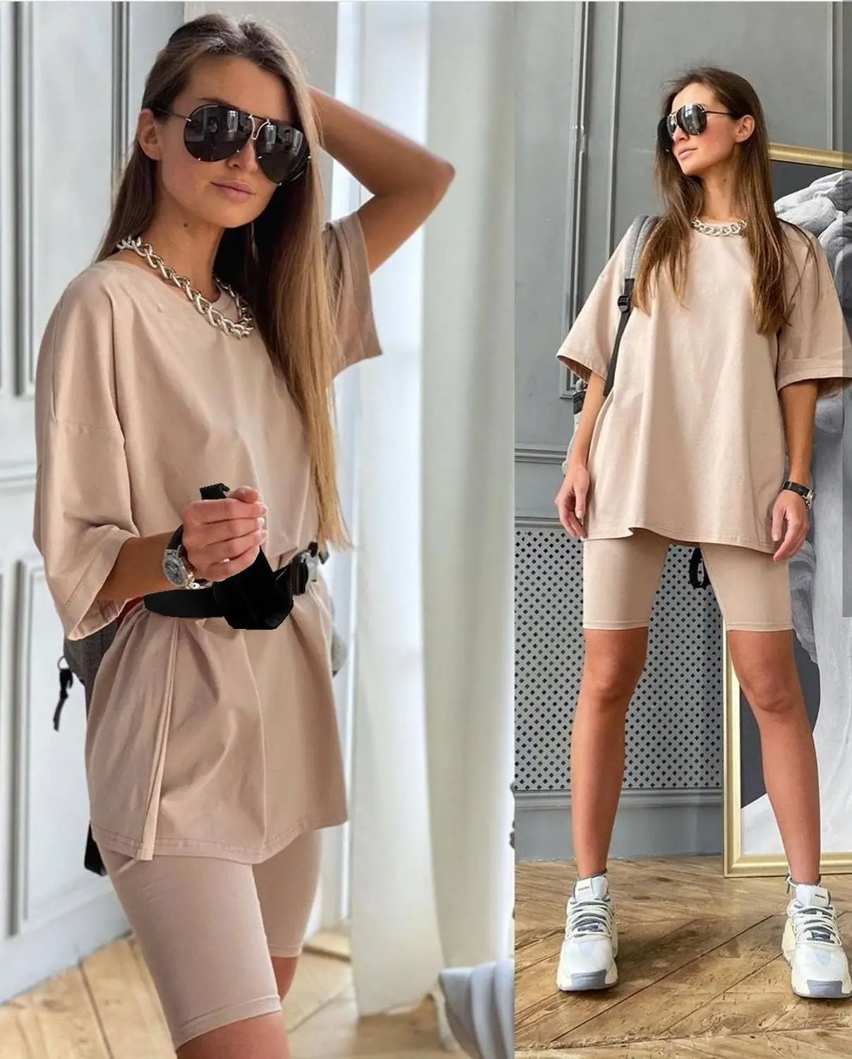 

beachapche Casual solid new women's two piece suit including belt solid color home loose sports fashion leisure suit summer 2020