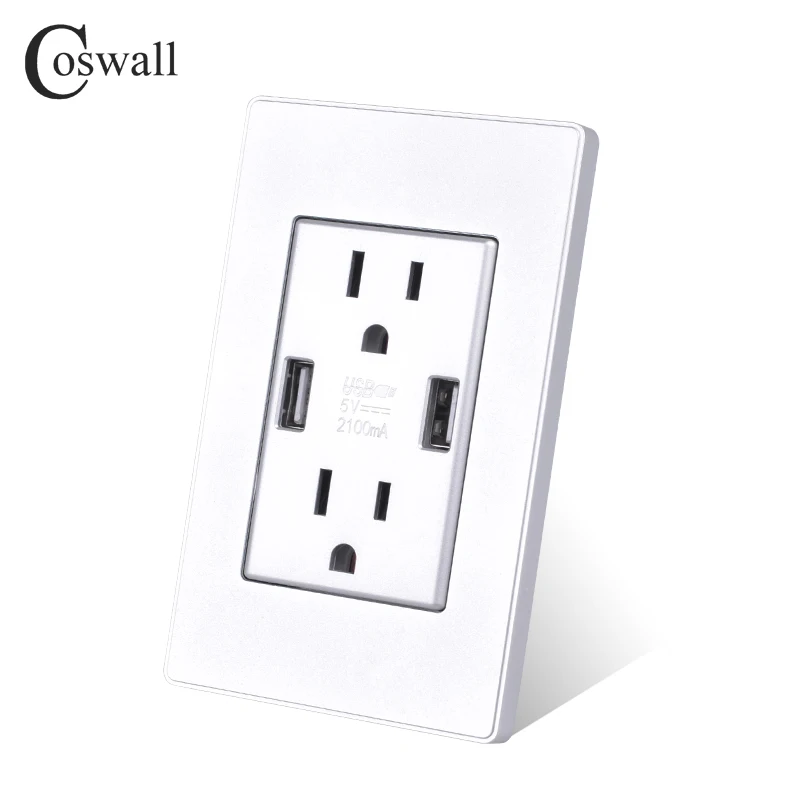 COSWALL US Standard 15A Double Socket With Dual USB Charging Port 2100mA Max. Output White Black Gold Silver AC 110V | Обустройство