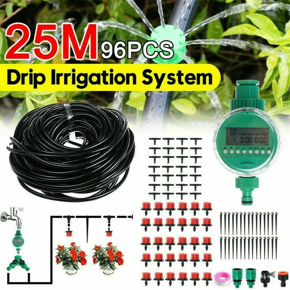 

25M 96pcs/set Automatic Drip Irrigation System Kit Plant +Timer Self Watering Garden Hose Accessories Supplies Wholesale