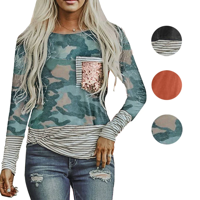 

2021 High Quality Autumn Clothing Women Stripe Pocket Sequins Long Sleeve Woman Blouse
