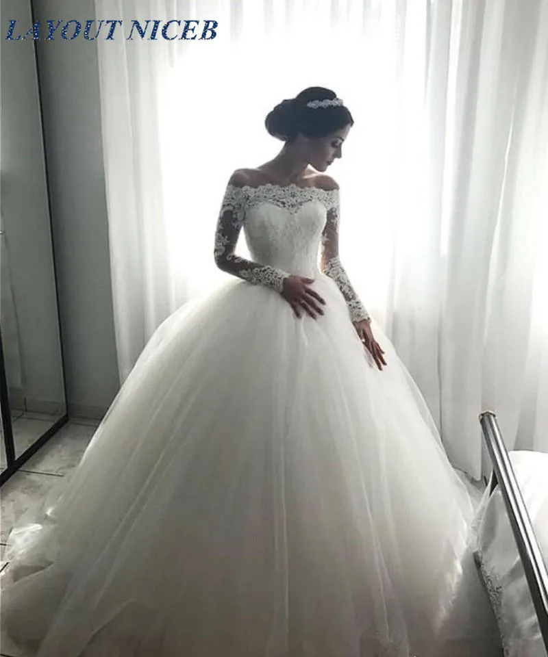 

Off Shoulder Long Sleeves Cheap Wedding Dress Ball Gown Appliques Lace Tulle Floor Length Wedding Gowns for Bride vestito sposa