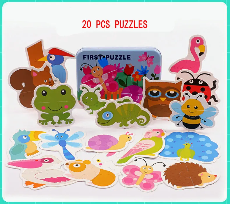 Серый 20 pieces Large puzzles Iron box packing, Early childhood educational enlightenment puzzle, 1-2-3 years old Paper puzzles toys - Цвет: Серый