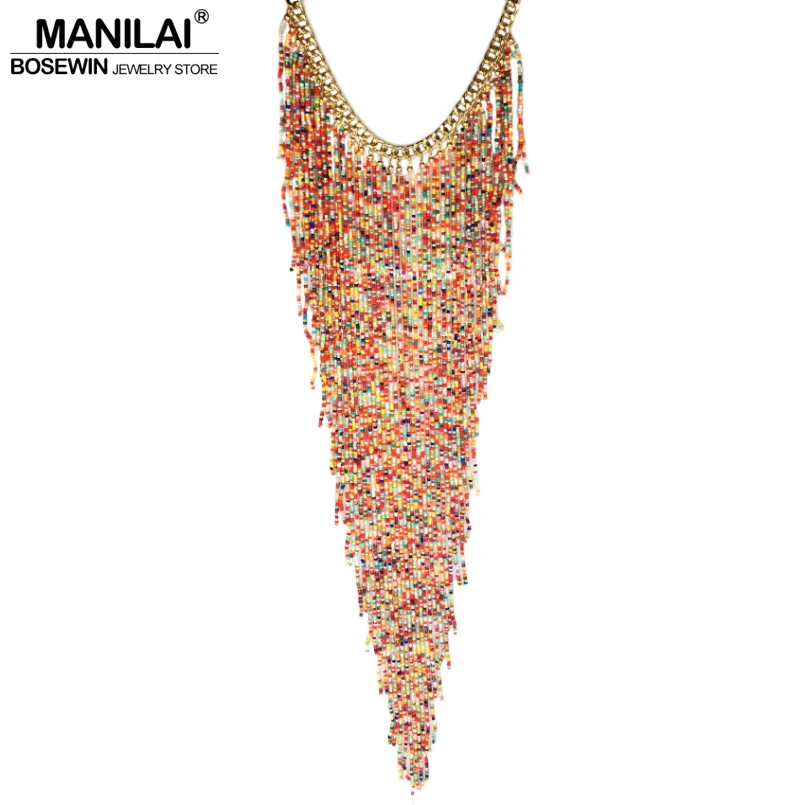 

Fashion Jewelry Bead Long Tassel Link Chain Choker Necklace Handmade Resin Bohemian Style Design Women Statement Necklace Trendy