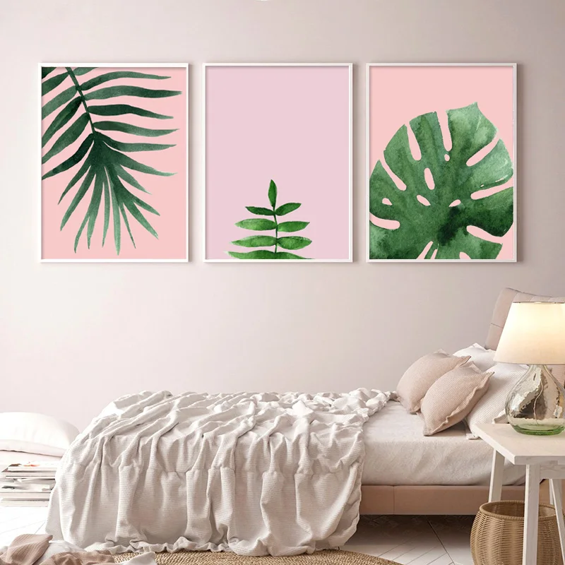 Акварель зеленое растение тропические листья розовый холст плакат настенный