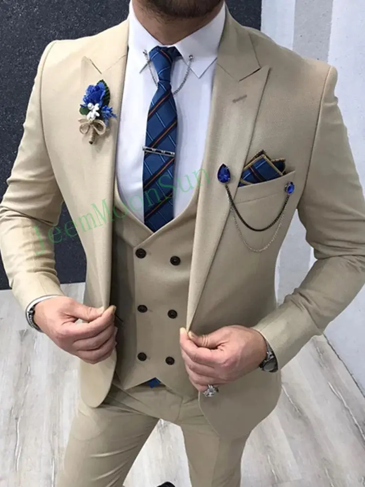 Tailor Made Slim Fit Cream Men Suits 3 Piece for Wedding 2023 Peaked Lapel Groom Tuxedos Male Jacket Vest Pants Trajes De Hombre