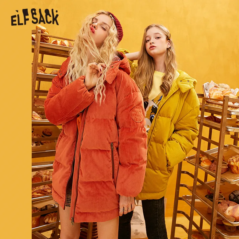 ELFSACK оранжевый однотонный вельветовый прямой с капюшоном теплый пуховик для