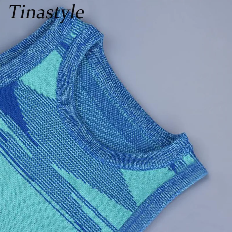 

Tinastyle Knitted Casual Sweater Dress Women O Neck Sleeveless Bodycon Summer Dress Blue Short Party Mini Dress Vestidos