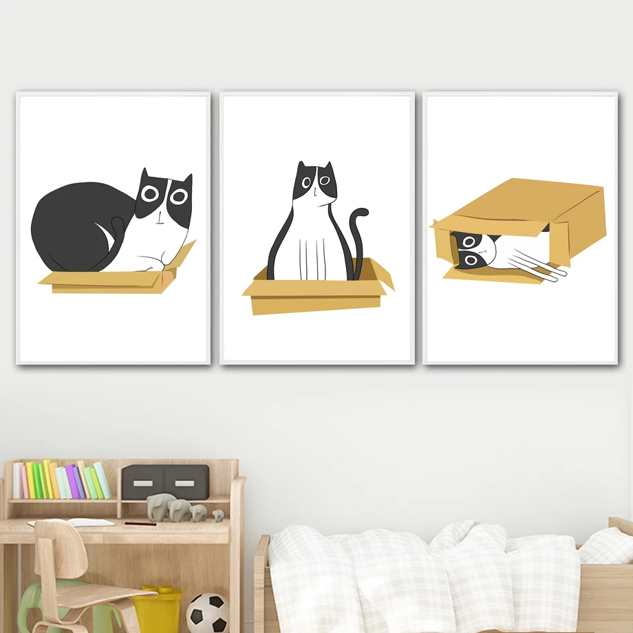 

Cartoon Funny Box Cat Posters and Prints Cute Animal Canvas Painting Wall Art Pictures for Kids Room Nursery Home Decor