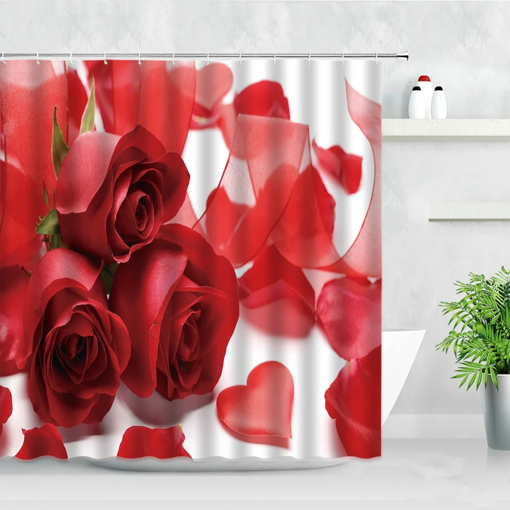 

Занавеска для душа в виде красной розы, декоративная Водонепроницаемая тканевая занавеска для ванной комнаты, с лепестками, сердечками, цветами, на День святого Валентина, s крючки