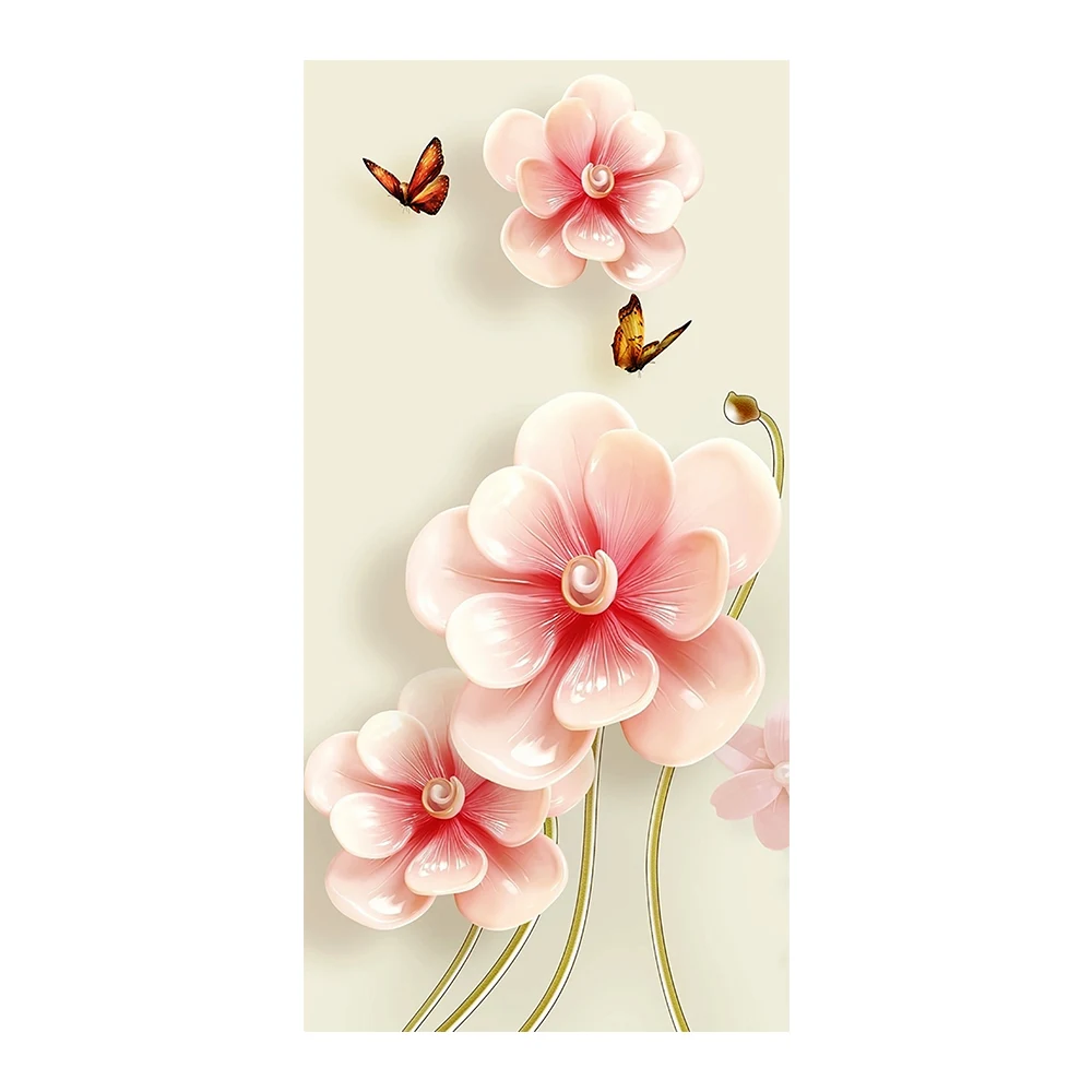 Алмазная картина с розовыми цветами и бабочками круглая Вертикальная мозаика 5D