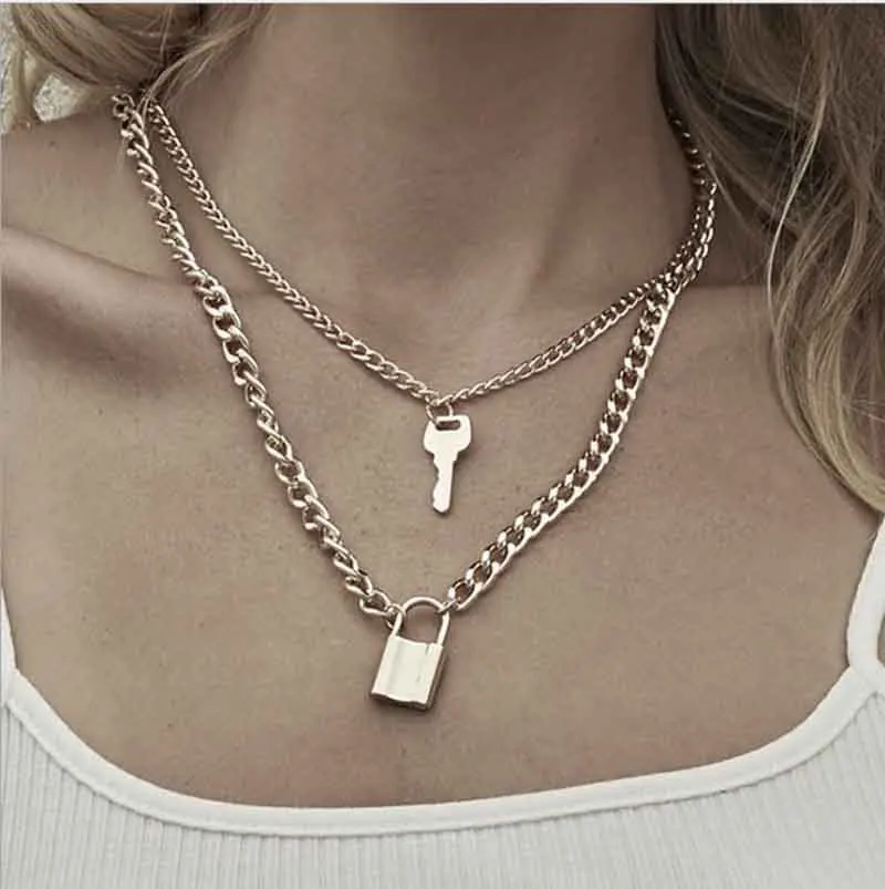 

WANGAIAYO Double Simple Fashion Key Lock Necklace Ladies Valentine's Day Anniversary Necklace Pendant