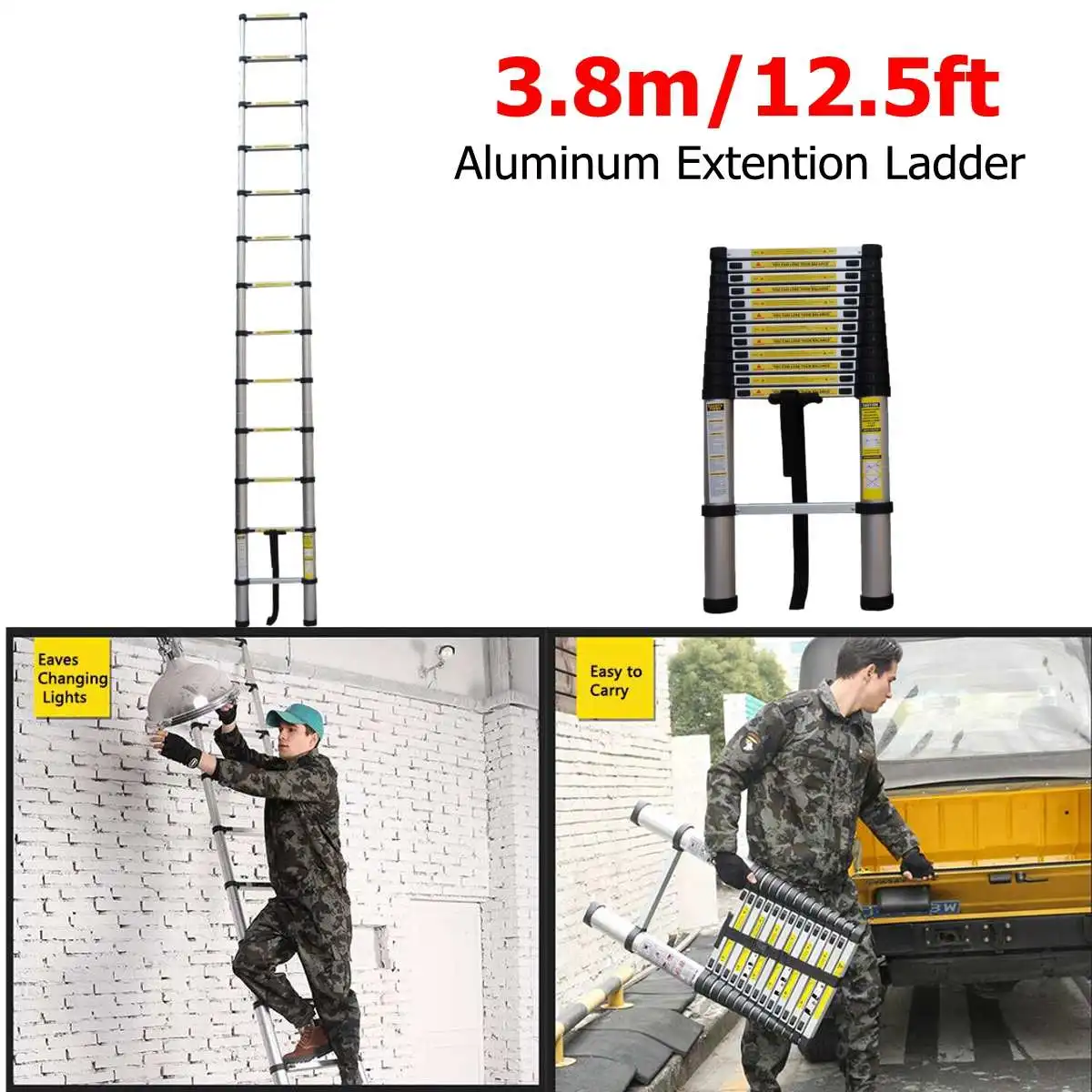 3.8m12.5ft алюминиевая многоцелевая выдвижная лестница телескопические стремянки легкие портативные бытовые уличные 330lbs