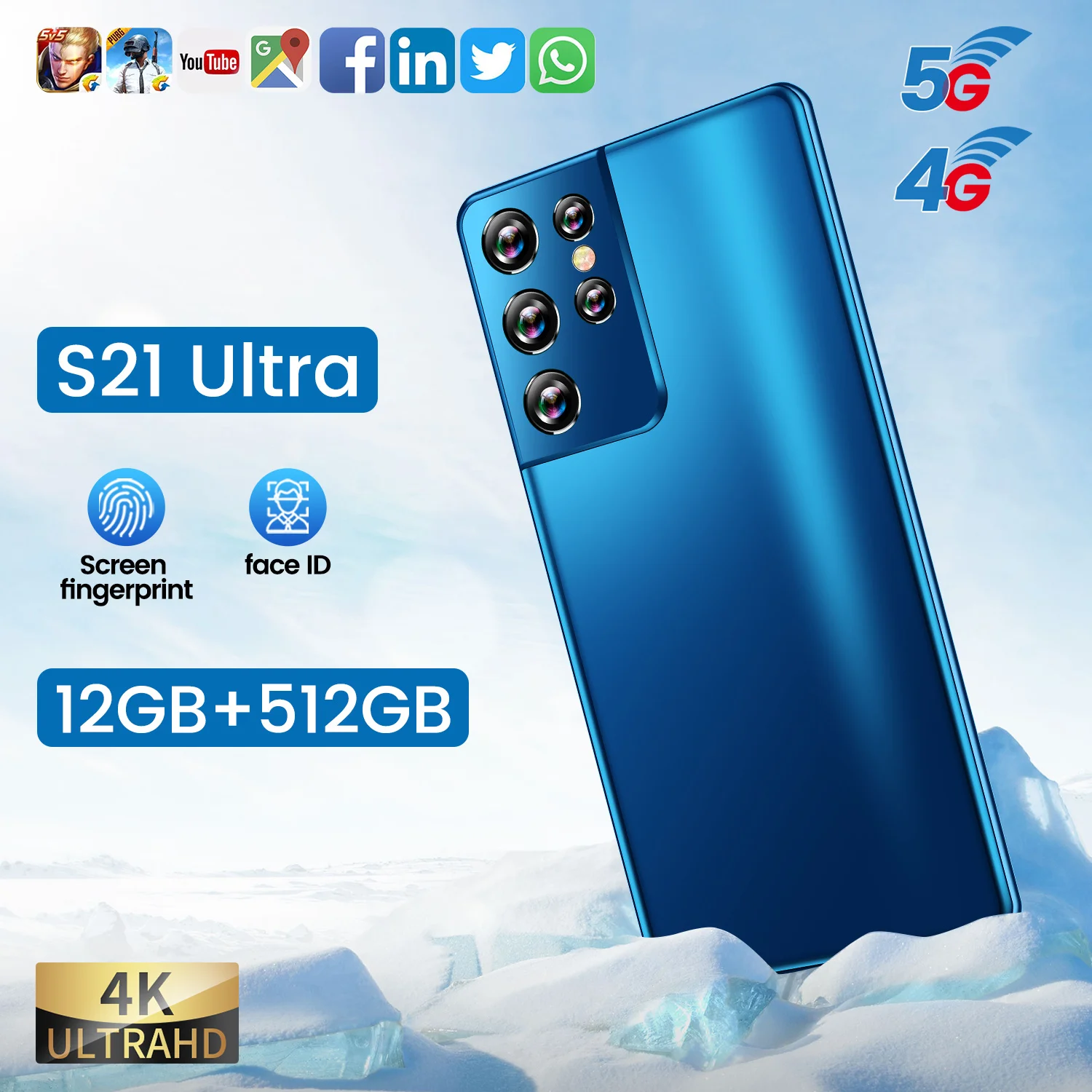 

Global Version S21 Ultra 6.1 Inch Smartphone HD Full Screen 5000mAh Big Battery 12GB+512GB Android 24MP+48MP Camera Cell Phone