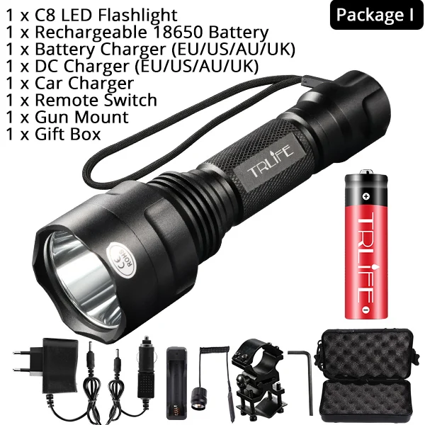 Package I Охотничий фонарик 1 Режим Фонарь Lintern T6/L2 тактические фонари 18650 алюминий C8 водонепроницаемый фонарь Крепление для пистолета - Испускаемый цвет: Package I