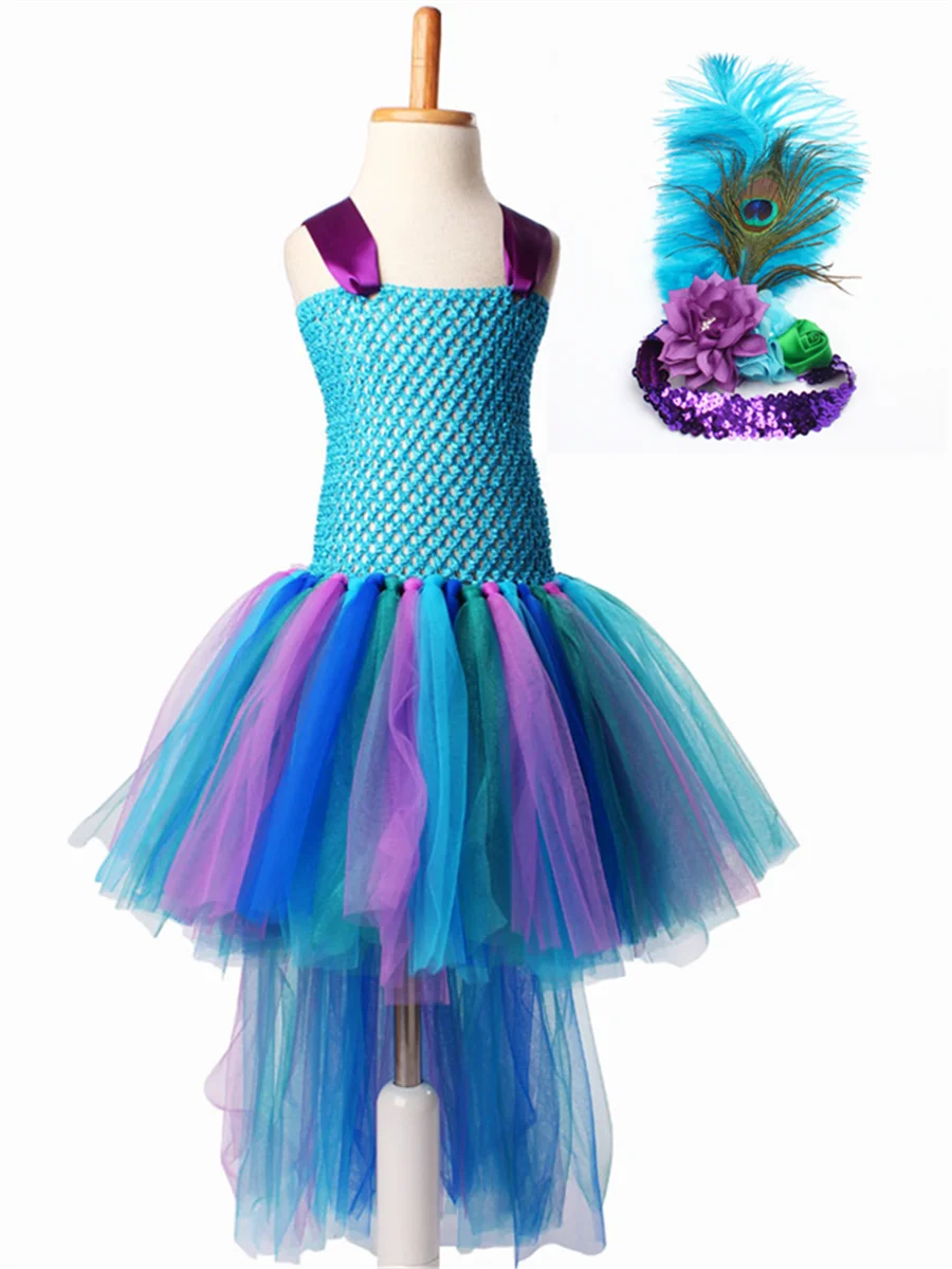 Peacock Tutu Dress Павлина для девочек, повязка на голову с декоративным бантом длинный след для маленьких девочек Пышное платья для выпускного вечера, фон для детской фотосъемки с изображением праздничного костюма пышное платье, женские платья, одежда - Цвет: Peacock Tutu Dress