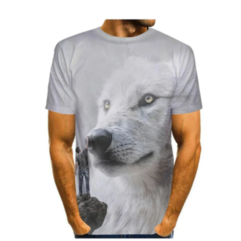 

2021 summer new wolf print 3D T-shirt round neck short-sleeved men's fashion casual animal print 3d T-shirt men's trend