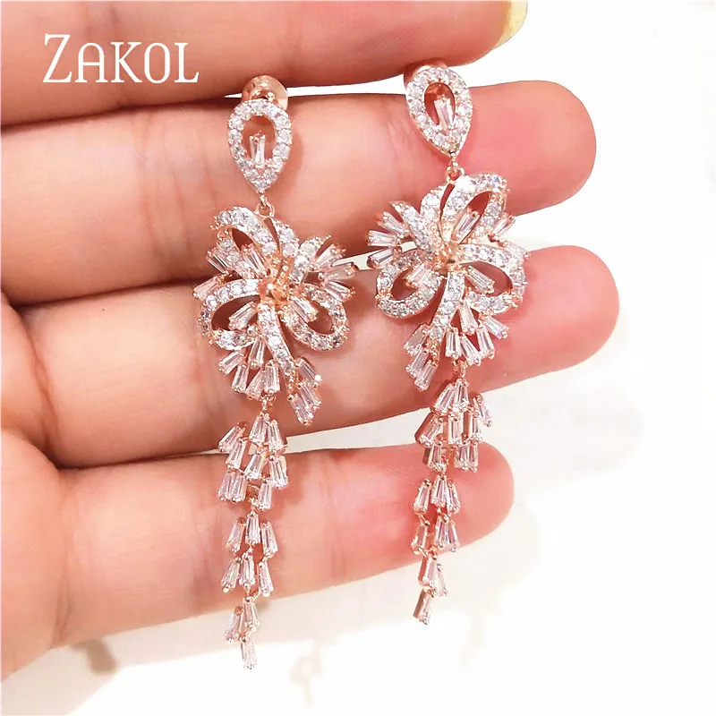 ZAKOL новые роскошные длинные висячие серьги с кубическим цирконием для женщин Сияющий Свадебный цветок с кристаллами Свадебные ювелирные изделия FSEP2108