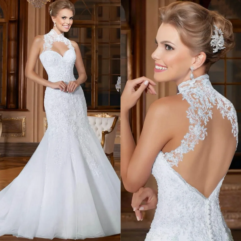 

robe de mariage High Neck White Bridal Lace Sleeveless Off the Shoulder Gowns 2019 New mermaid mother of the bride dresses