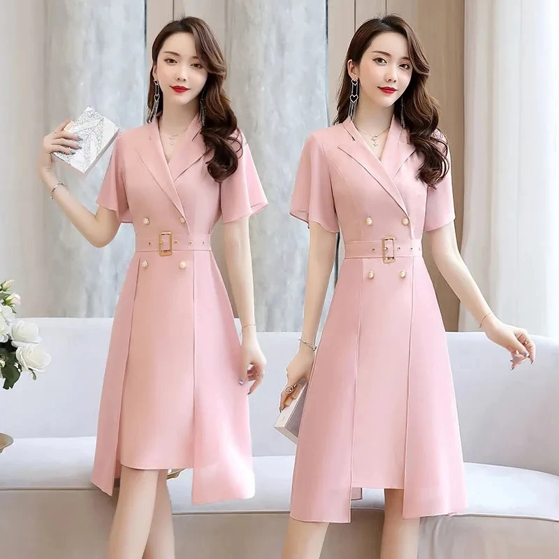 

2021 summer fashion suit collar dress female celebrity temperament mid-length French dress with waist and thinness reducing age