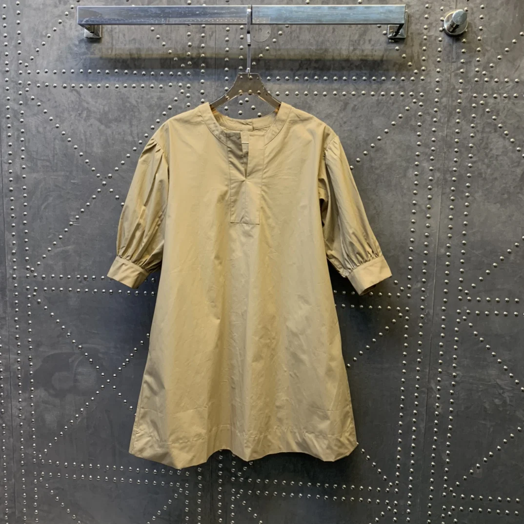 

2021 new women fashion lantern mid-sleeve round neck pleated dress 0412