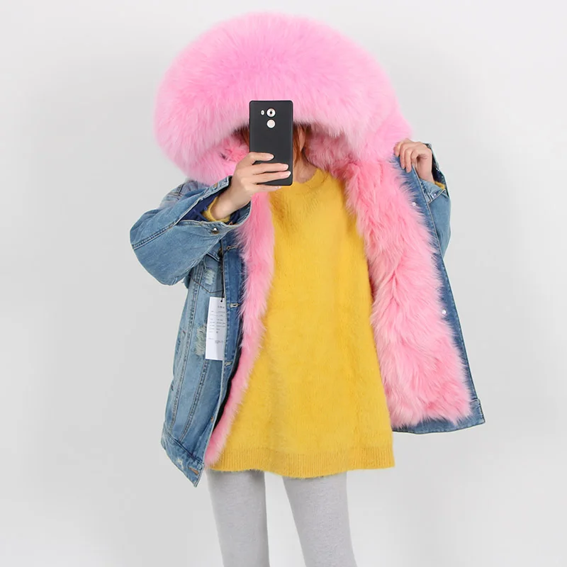 

LIBIELIY denim jacket natural fox fur lined jacket coat Women's jacket women winter coats Nice Women's fur coat