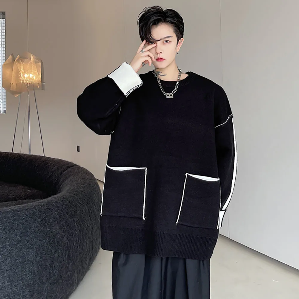 

2021 men vintage Sweaters Chic Winter O-Neck Pocket Solid Color Thick Sweater male Korean Harajuku Clothing For men