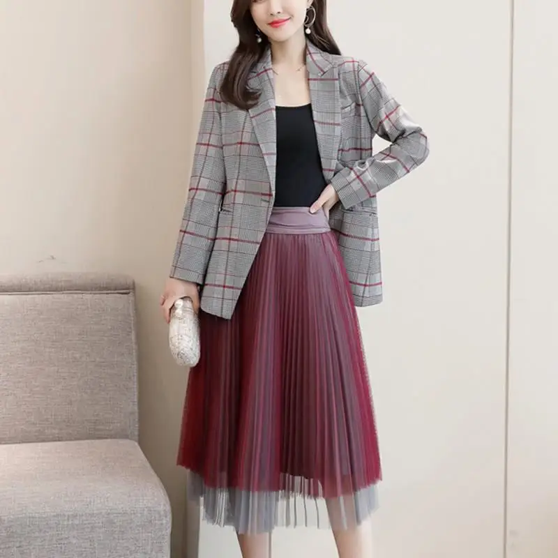 2019 Женский клетчатый Блейзер сетчатая юбка в складку костюм офисная одежда
