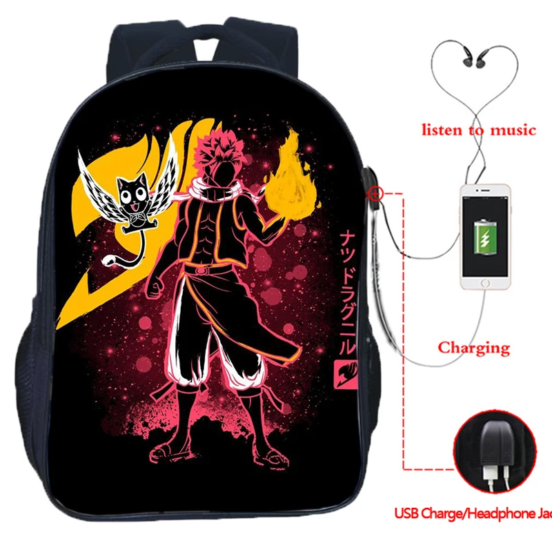 

Anime FAIRY TAIL USB Charge Backpack Teens Heartfilia School Bag Students Natsu Bookbag Boys Girls Daily Nylon USB Rucksack Gift