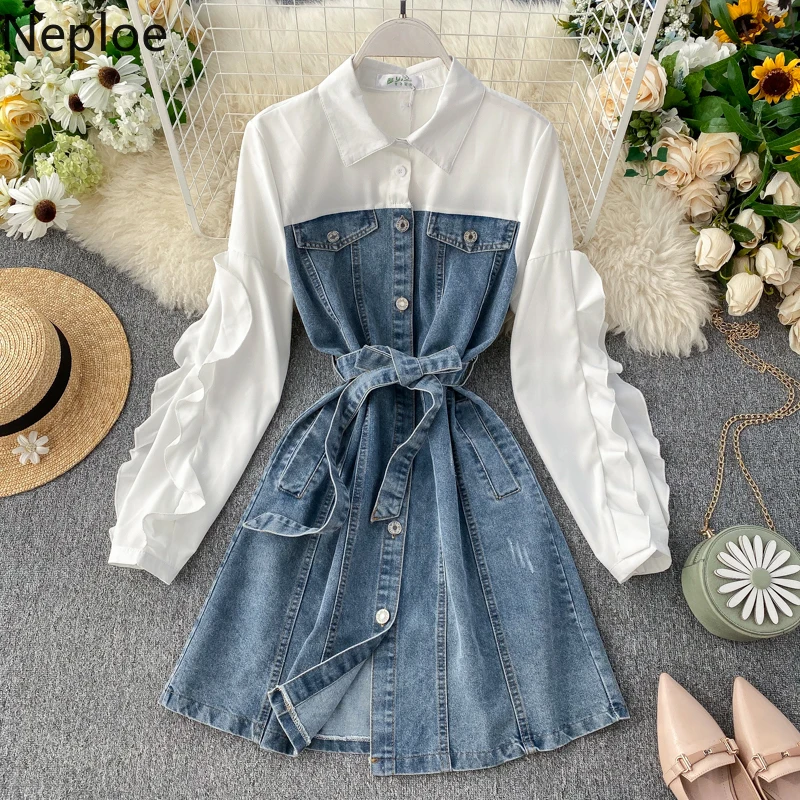 Neploe джинсовое лоскутное женское платье ретро однобортное с поясом Vestidos модное