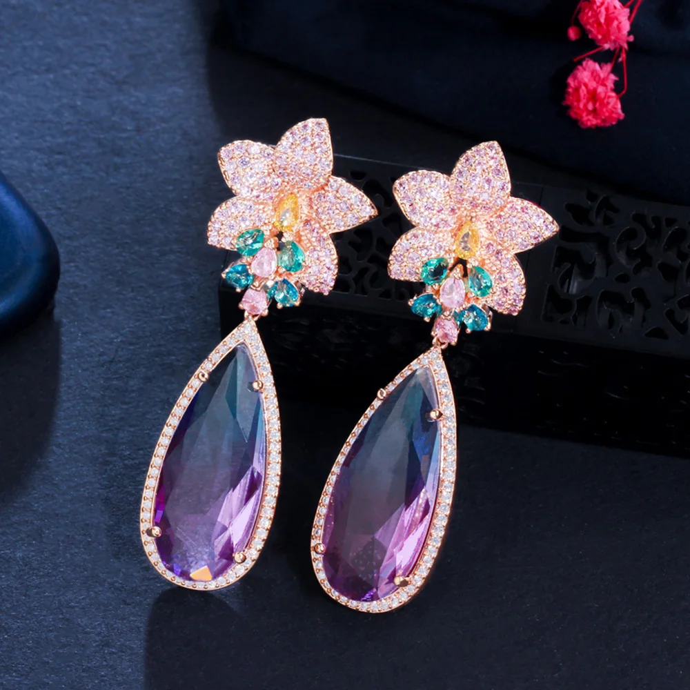 

CWWZircons Micro Pave Pink Cubic Zirconia Flower Big Water Drop Rainbow Crystal Long Luxury Earring for Women Boho Jewelry CZ965