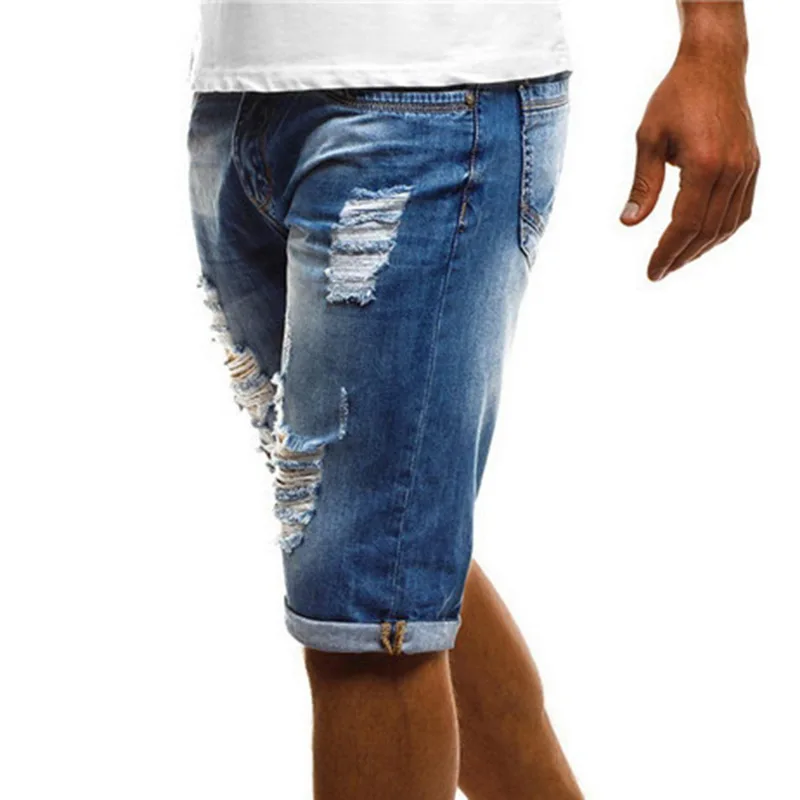 Ripped Jeans Shorts for Men Summer Fashion Mid Waist Flanging Distressed Jeans Man Casual Straight Denim Shorts