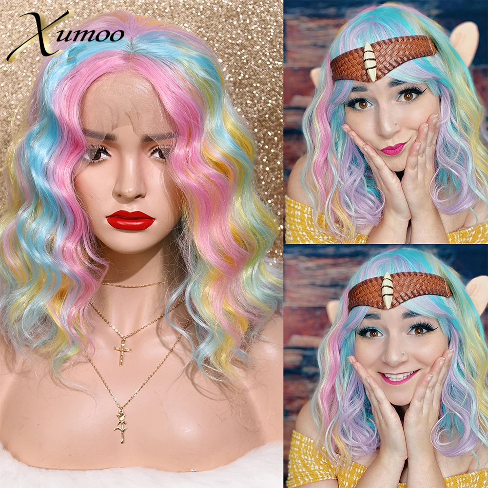 

XUMOO Радужный синтетический кружевной передний парик безклеевой хайлайтер Розовый Синий Косплей вечеривечерние перетащите королеву коротк...