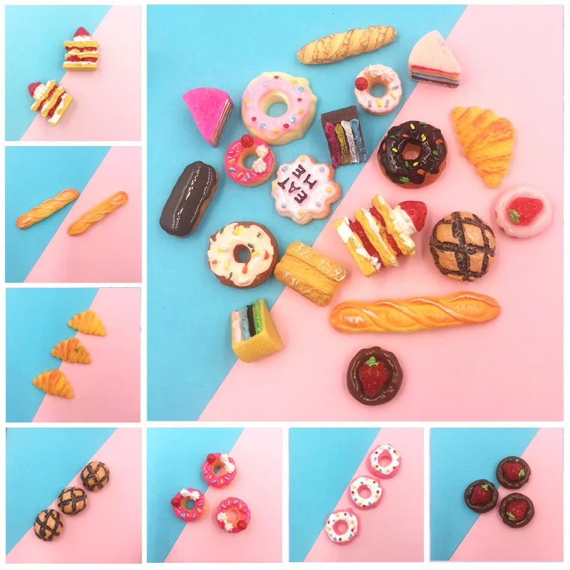 

10Pcs Miniature kawaii Food Cute Cake Donut Bread Flat back Resin Cabochon Scrapbooking Fit Phone Embellishments Diy Accessories