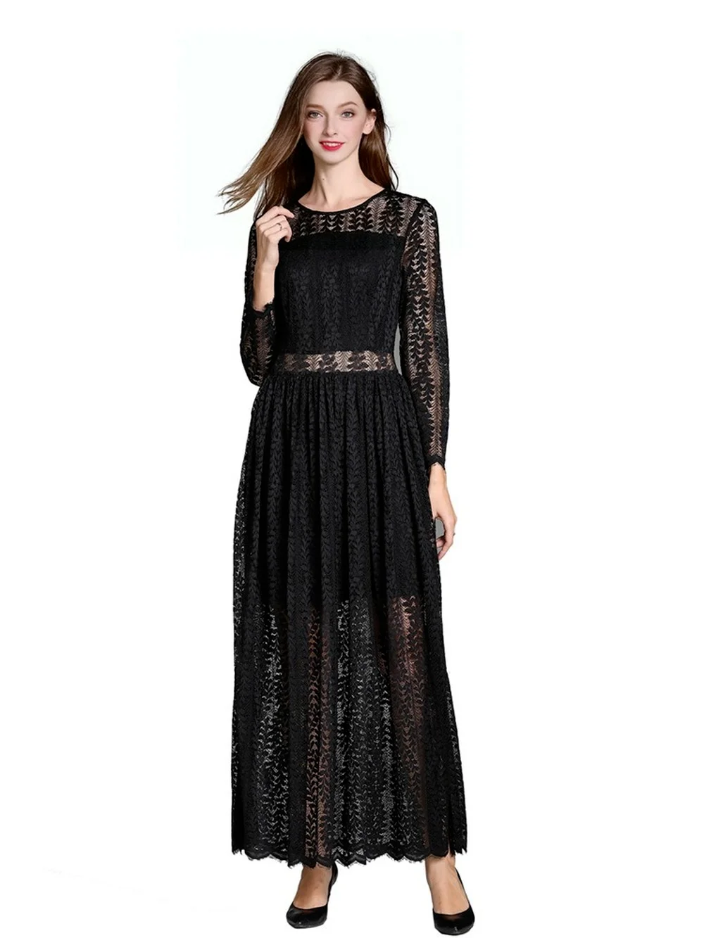 

2021 Spring New Muslim Inner Wear Long Skirt Over-the-knee Dress Lace Stitching Three-quarter Sleeves Round Neck Robe