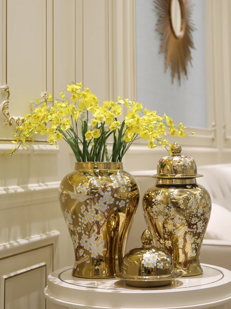 

Plating Gold Silver Luster Metal Texture Decor General Tank Jar Decoration Jingdezhen Ceramic Plum Pattern Decor Vase