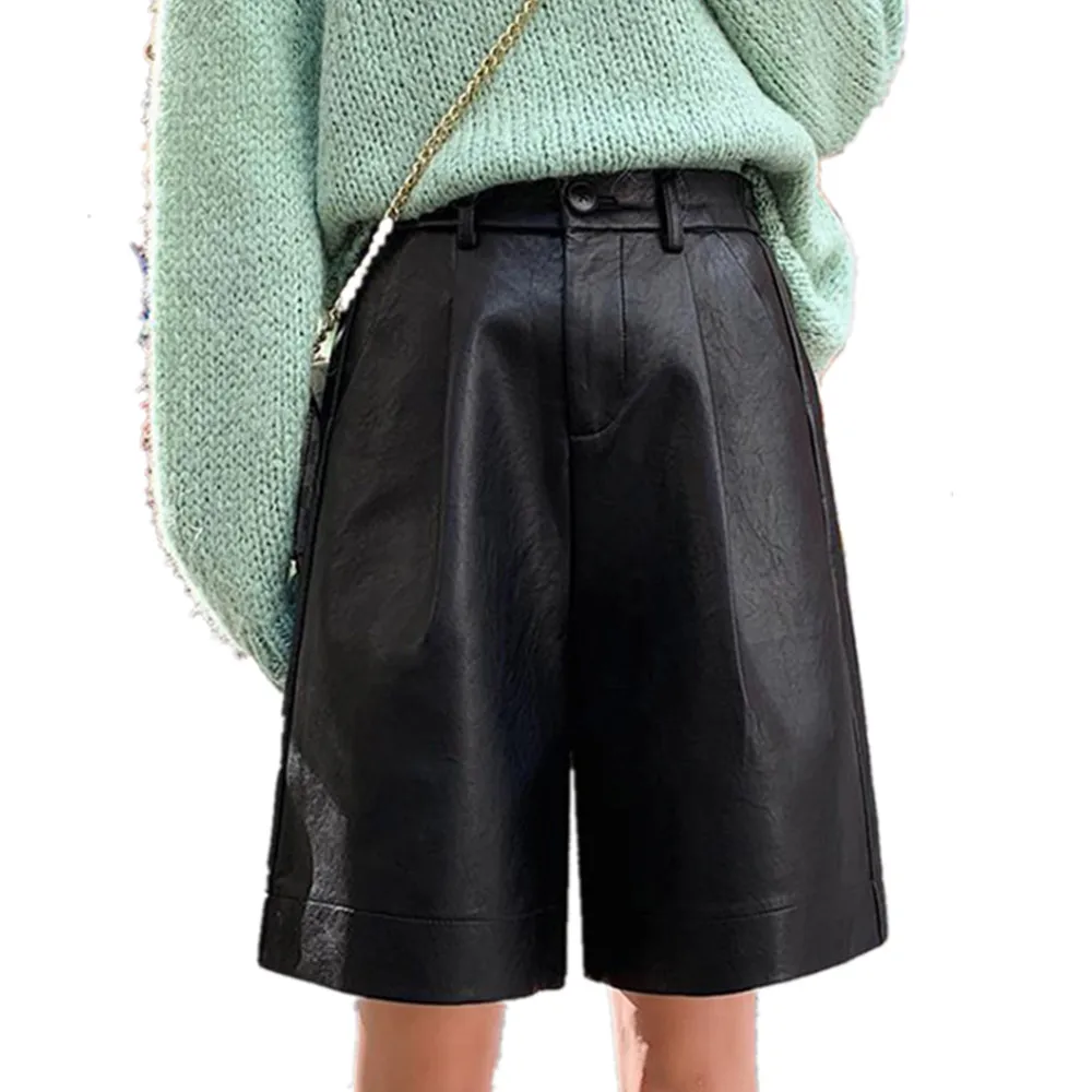 Женские шорты-бермуды из ПУ кожи с высокой талией и широкими штанинами | Женская