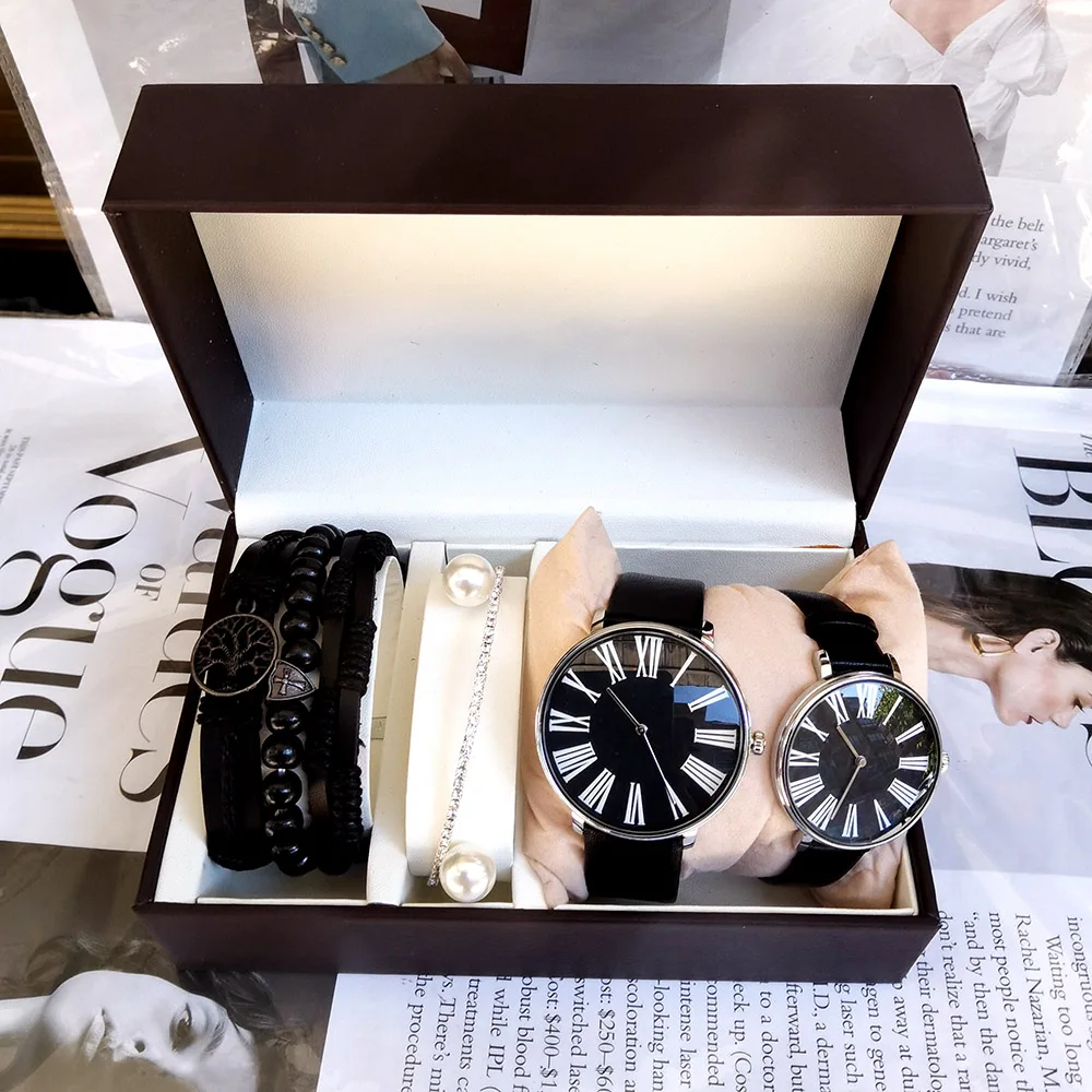 Fashion Men&Women Couple Quartz Watch Simple Leather Waterproof Wristwatches Clock With Bracelets Lady Gift Box Relogio Feminino