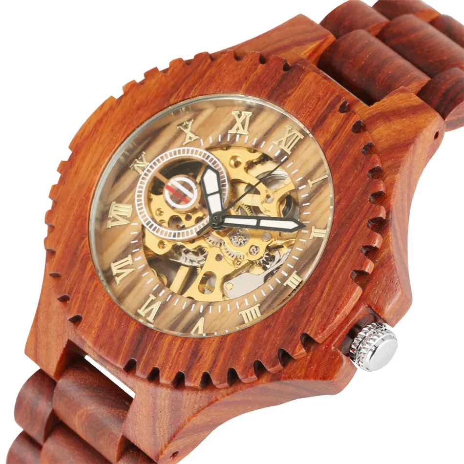 

REDFIRE Luxury Full Red Wood Mechanical Men Watches Automatic Wooden Wrist Watches New Arrival Mens Clock Folding Clasp