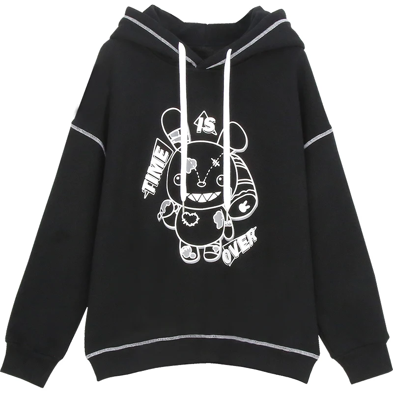 

Diablo Gothic Plus Thick Hooded Girl New Autumn Winter Japanese Bunny Print Black Hoodies Women Pullover Student Outer Tops